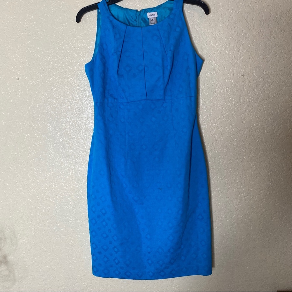 Cache Womens Sleeveless Blue Pleated Neckline Lined Sheath Dress Size 2